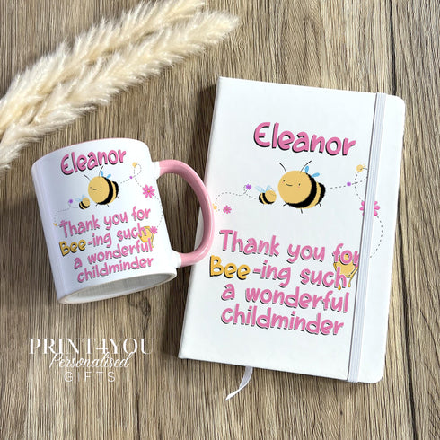 Thank You Childminder Gift Mug and Notebook, Cute Bee Design, Personalised Gift For Child Care Provider