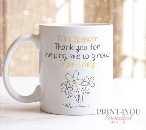 Personalised Thank You mug, teacher Gift ideas, Nursery Teacher, Childminder or Foster Carer gifts, helping me to grow - Yellow Handle