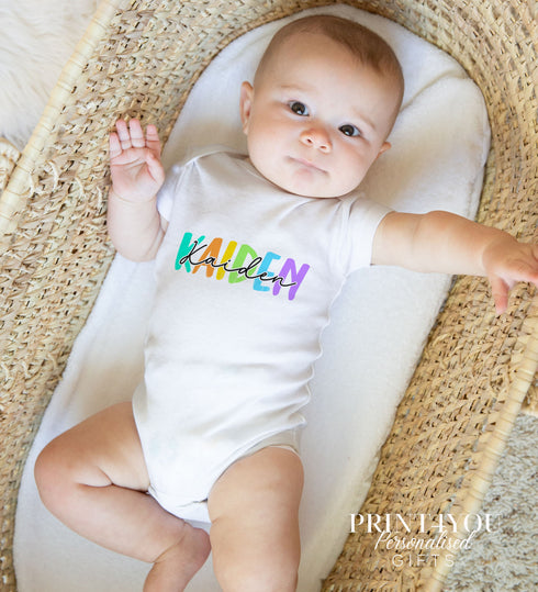 Children's White Cotton Personalised T-shirt - Colourful Rainbow Name