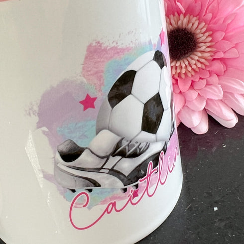 Personalised Football Birthday Mug - Pink Handle - Perfect Birthday Gift for Girls, Pink Girls Football with Boots design