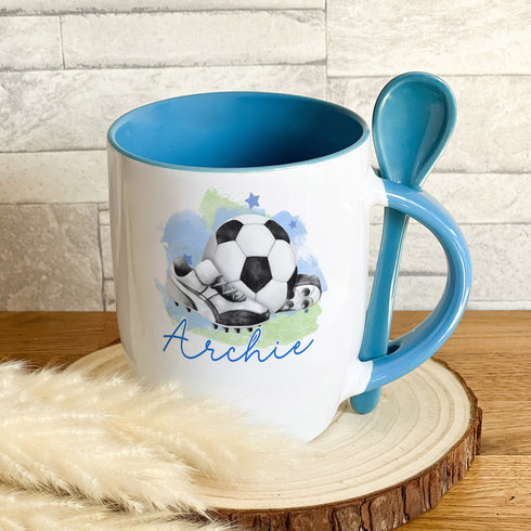 Personalised Ceramic Mug and Spoon Set - Pink or Blue Football Design