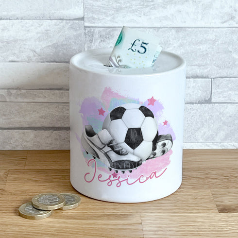 Personalised Ceramic White Money Box Coin Bank - Pink Girls Football