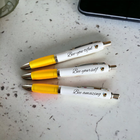 Bee Amazing with 3 x Yellow and White Contour Pens: Spread Positivity with Beautiful Bee-Inspired Designs | Affirmation Gift for Office