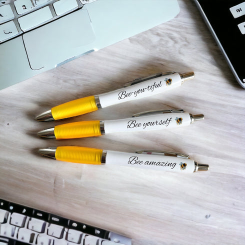 Bee Amazing with 3 x Yellow and White Contour Pens: Spread Positivity with Beautiful Bee-Inspired Designs | Affirmation Gift for Office