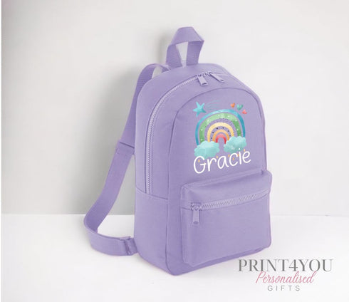 Personalised Kids Backpack, School Rucksack, Nursery Bag, Other colours, Blue Rainbow and name