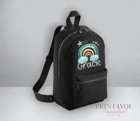 Personalised Kids Backpack, School Rucksack, Nursery Bag, Other colours, Blue Rainbow and name