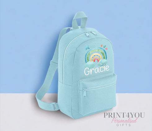 Personalised Kids Backpack, School Rucksack, Nursery Bag, Other colours, Blue Rainbow and name