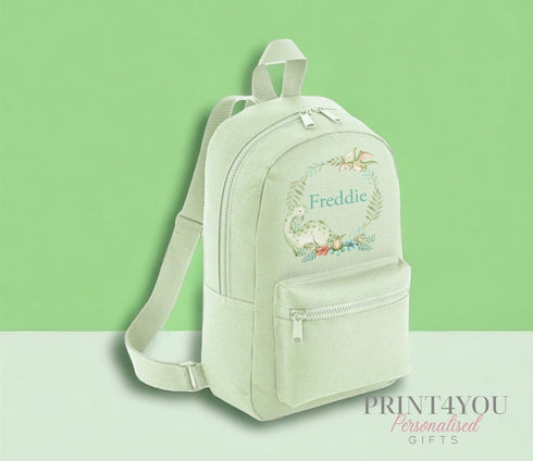 Personalised Kids Backpack, School Rucksack, Nursery Bag, Other colours, Dinosaur Wreath and name