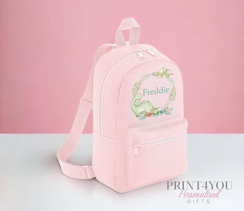 Personalised Kids Backpack, School Rucksack, Nursery Bag, Other colours, Dinosaur Wreath and name