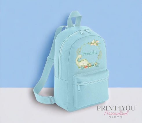 Personalised Kids Backpack, School Rucksack, Nursery Bag, Other colours, Dinosaur Wreath and name