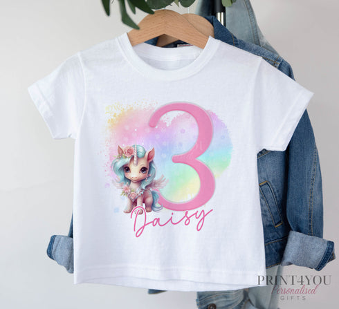 Personalised Unicorn Birthday T-Shirt ANY AGE - Cotton White Top, any number any age, Fairy unicorn heart