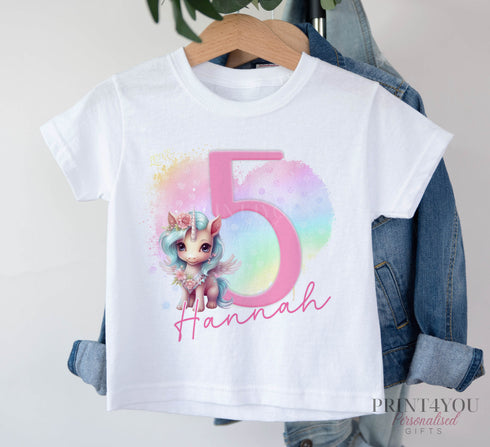 Personalised Unicorn Birthday T-Shirt ANY AGE - Cotton White Top, any number any age, Fairy unicorn heart