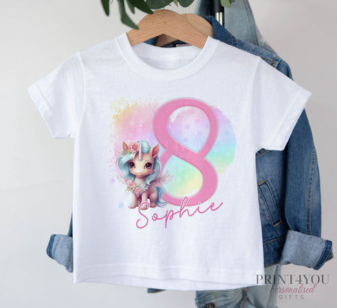 Personalised Unicorn Birthday T-Shirt ANY AGE - Cotton White Top, any number any age, Fairy unicorn heart