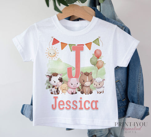 Personalised Girls Farmyard T-Shirt any Letter - Cotton White Top, Fun farm animals with a pink theme