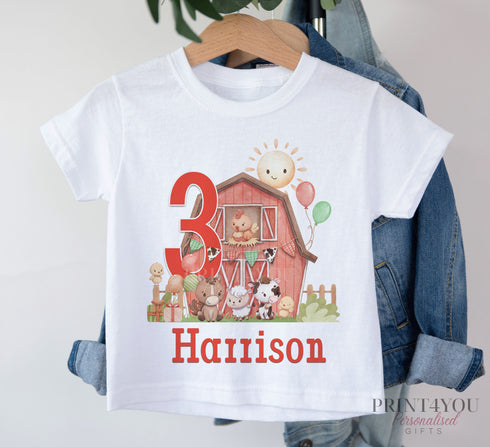 Personalised Farmyard Barn Birthday T-Shirt ANY AGE - Cotton White Top, any number any age, Fun farm animals with a red theme