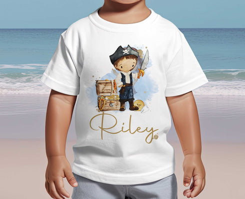 Children's White Cotton Personalised T-shirt - Pirate and treasure chest