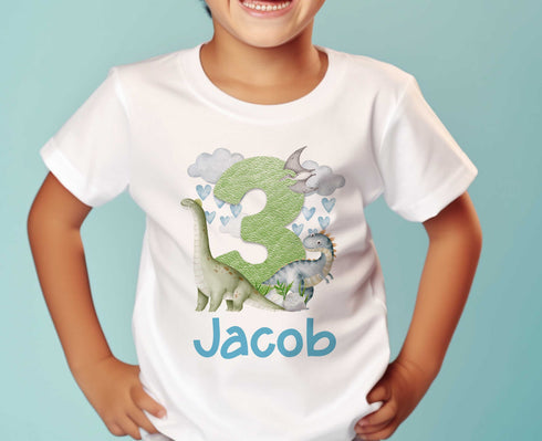 Children's White Cotton Personalised Birthday T-shirt - Dinosaur Design, Name is ONE First Birthday, Two Three Four Five Sixth Birthday