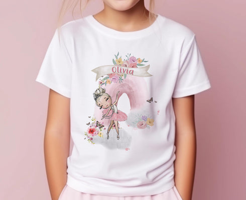 Children's White Cotton Personalised T-shirt Only - Pink Rainbow and Ballerina Dancer