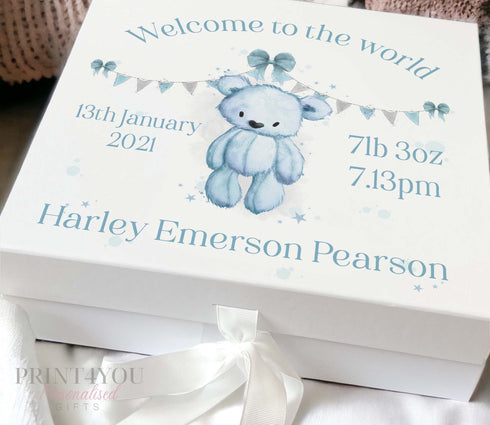 New Baby Keepsake Box, Brown Teddy Bear Rainbow with Name, personalised ribbon tie front