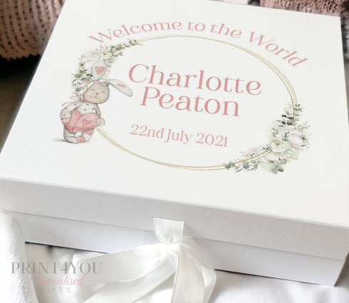 Personalised Keepsake Box with ribbon tie front - Sage Green Round Frame with Rustic Rabbit, New Baby Girl Box, gift for her