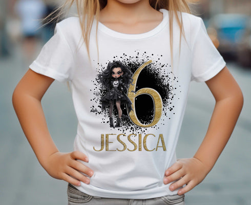 Personalised Children's White Cotton T-Shirt with Golden Glitter Effect Number (1-12) and Gothic Doll Graphic with Child's Name