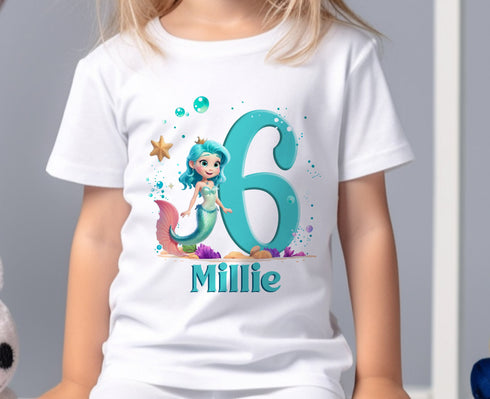 Personalised Mermaid Birthday T-Shirt ANY AGE - Cotton White Top, any number any age, Teal Number mermaid