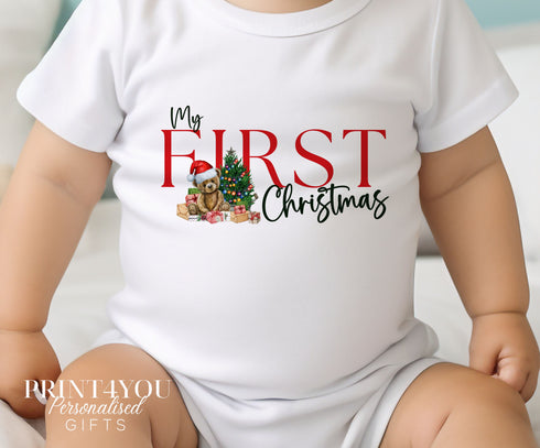 Baby's First Christmas Cotton Bib, Vest and Sleepsuit Set - Perfect for New baby Gift, Teddy Bear My First Christmas
