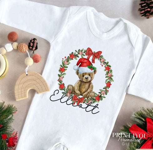 Baby's First Christmas Cotton Bib, Vest and Sleepsuit Set - Perfect for New baby Gift, Teddy Bear Wreath