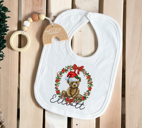 Baby's First Christmas Cotton Bib, Vest and Sleepsuit Set - Perfect for New baby Gift, Teddy Bear Wreath