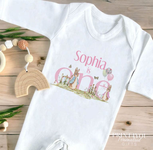 Personalised First Birthday One T-shirt, Sleepsuit and vest, Pink Rabbit First Birthday Outfit.