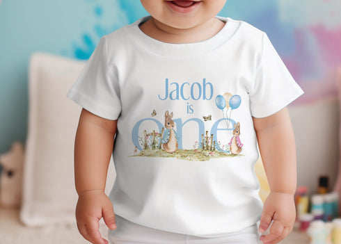 Personalised First Birthday One T-shirt, Sleepsuit and vest, Blue Rabbit First Birthday Outfit.