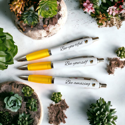 Bee Amazing with 3 x Yellow and White Contour Pens: Spread Positivity with Beautiful Bee-Inspired Designs | Affirmation Gift for Office