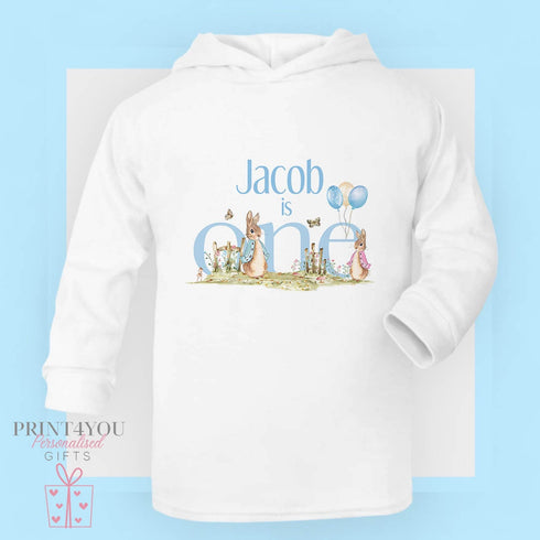 Lightweight long sleeved t-shirt with hood - First Birthday Classic Blue Rabbit, I am ONE, personalised cotton jersey top