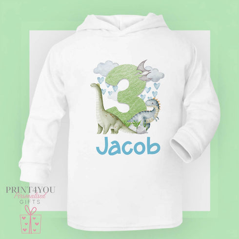 Dinosaur Birthday T-shirt with hood - personalised cotton jersey top, Lightweight long-sleeved tee