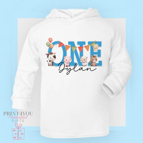 Farm Animals Birthday T-shirt with hood - personalised cotton jersey top, Lightweight long-sleeved tee