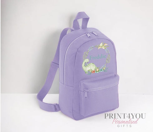 Personalised Kids Backpack, School Rucksack, Nursery Bag, Other colours, Dinosaur Wreath and name