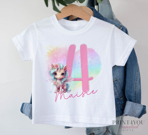Personalised Unicorn Birthday T-Shirt ANY AGE - Cotton White Top, any number any age, Fairy unicorn heart