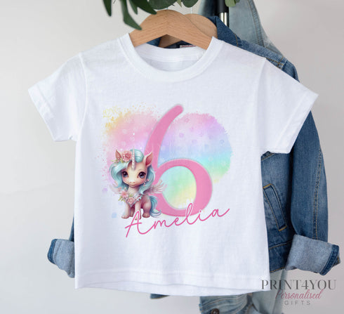 Personalised Unicorn Birthday T-Shirt ANY AGE - Cotton White Top, any number any age, Fairy unicorn heart