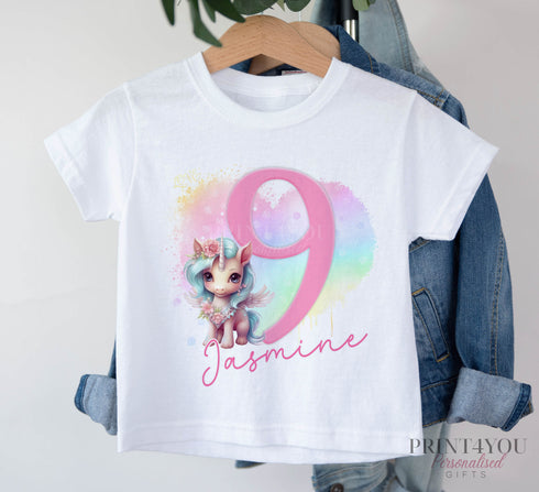 Personalised Unicorn Birthday T-Shirt ANY AGE - Cotton White Top, any number any age, Fairy unicorn heart