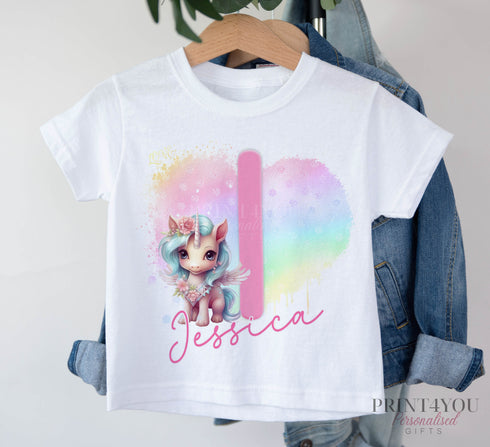 Personalised Unicorn Birthday T-Shirt ANY AGE - Cotton White Top, any number any age, Fairy unicorn heart