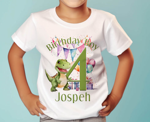 Personalised T-rex Dinosaur Birthday T-Shirt ANY AGE - Cotton White Top, Any Age, Dino Trex Party Top