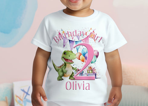 Personalised Girls T-rex Dinosaur Birthday T-Shirt ANY AGE - Cotton White Top, Any Age, Dino Trex Party Top