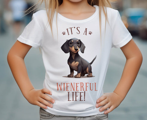 Children's White Cotton T-shirt - It's a Wienderful Life with dachshund puppy dog