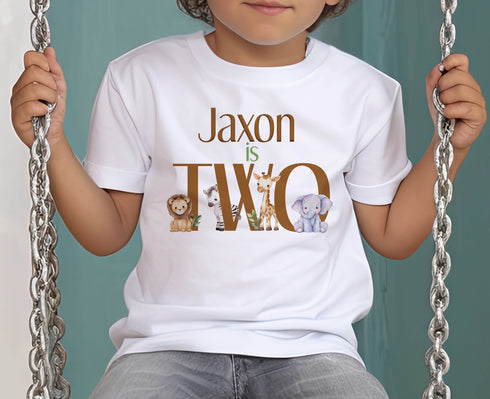 Personalised Safari Birthday T-Shirt I am TWO Cotton White Top, Safari themed party