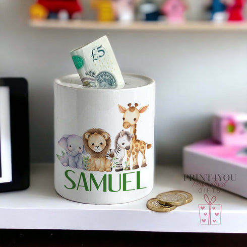 Personalised White Ceramic Children's Money Box - Cute Safari Animals