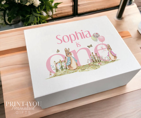 Personalised Baby's First Keepsake Box: White Sturdy Card with Magnetic Closure - Pink Rabbit I am ONE