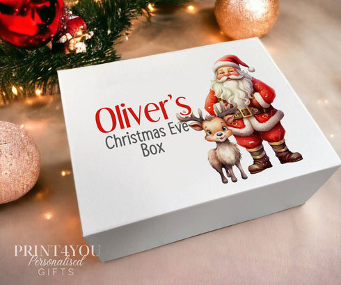 Christmas Eve Personalised Gift Box, xmas keepsake box, Magnetic closed white box, Santa and Reindeer