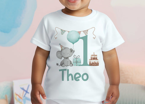 Personalised Boys Birthday T-Shirt ANY AGE - Cotton White Top, Elephant with banner and cake, any number any age