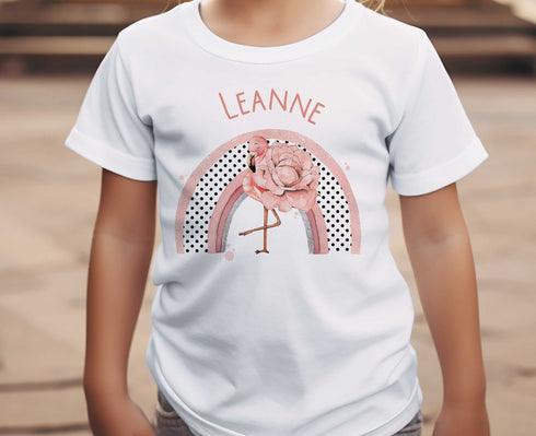 Children's White Cotton Personalised T-shirt - Girls Flamingo Rainbow