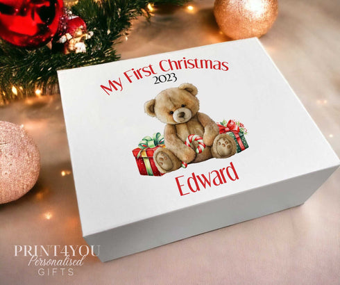 Christmas Eve Personalised Gift Box, xmas keepsake box, Magnetic closed white box, Teddy Bear First Christmas